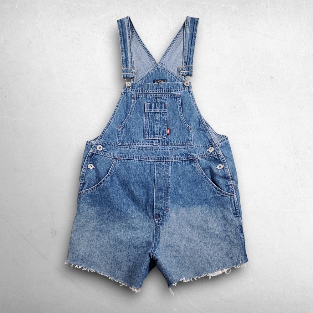 VTG Route 66 Cutoff Denim Shortalls Women 7/8 Blue Raw Hem 90s Bib Overalls